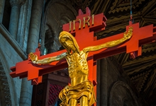 George Pace's Crucifix, created 1975. At its foot 'Stat cruxdum volvitur orbis' translates as, 'The Cross stands while the World Turns'.