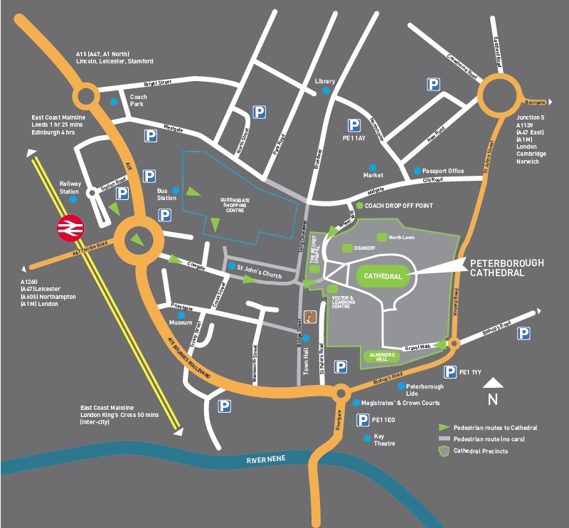 Peterborough Cathedral map showing rail and bus stations. Click for .pdf for printing